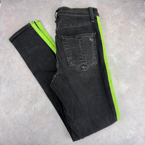 Rag & Bone Jeans Women's 25 Black Green Tuxedo Stripe Black Lime Pants READ - Picture 1 of 12
